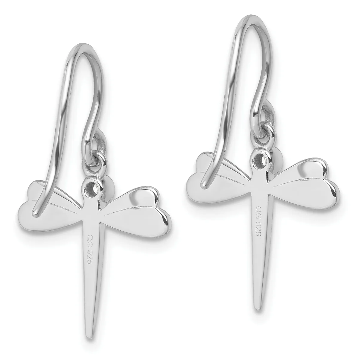 A pair of silver dragonfly earrings with curved ear wires, featuring flat dragonfly pendants with rounded wings and pointed tails, shown from front and back views.