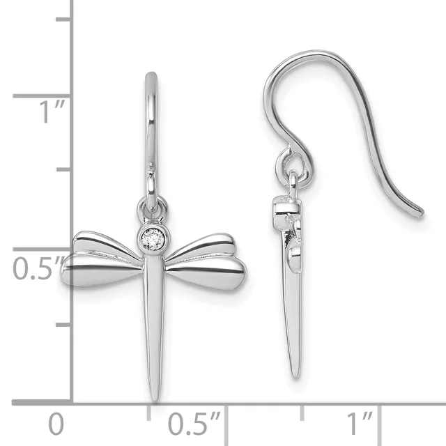 Silver cross drop earrings with bow-shaped tops set with small diamonds, shown on a measurement scale indicating approximately one inch in length.