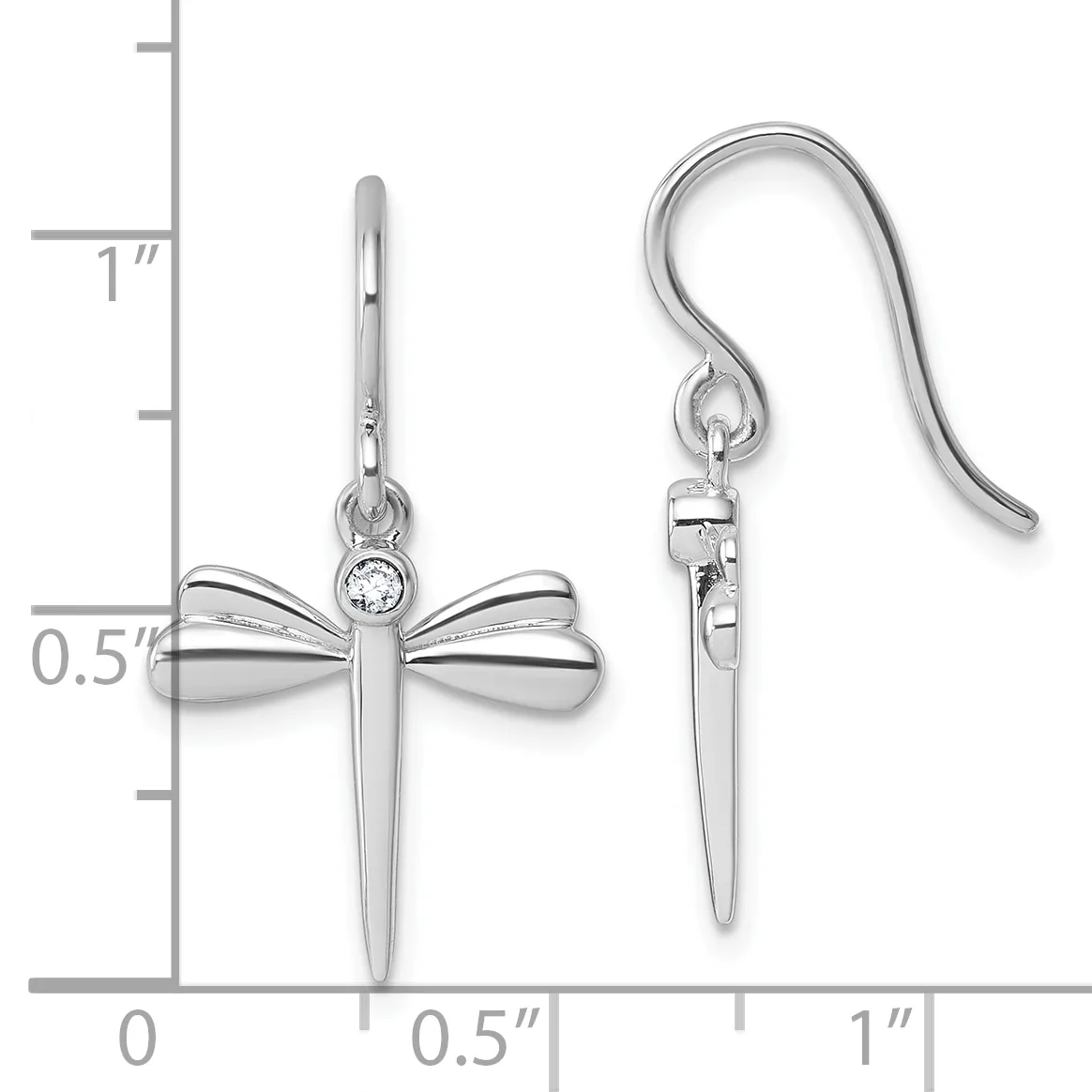 Silver cross drop earrings with bow-shaped tops set with small diamonds, shown on a measurement scale indicating approximately one inch in length.