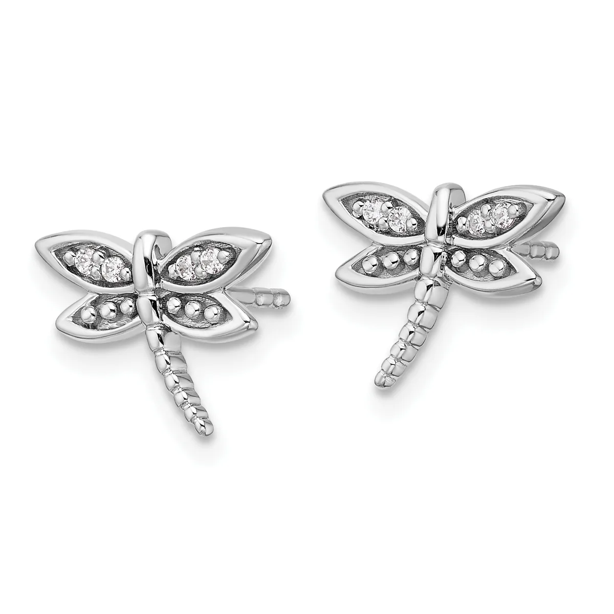 A pair of silver dragonfly stud earrings with diamond-set wings and textured bodies, shown from two angles.