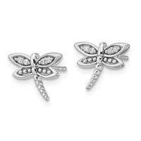 A pair of silver dragonfly stud earrings with diamond-set wings and textured bodies, shown from two angles.