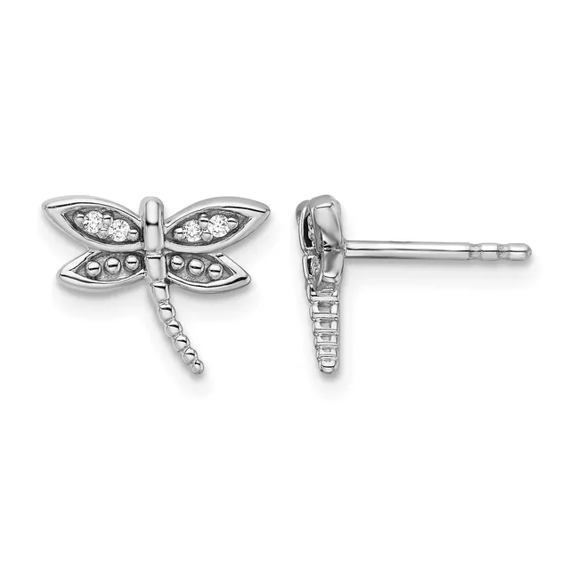 Pair of silver dragonfly stud earrings with diamond accents on the wings, shown from front and side views.