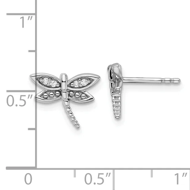 A pair of silver dragonfly stud earrings with diamond accents shown front and side view next to a measurement scale.