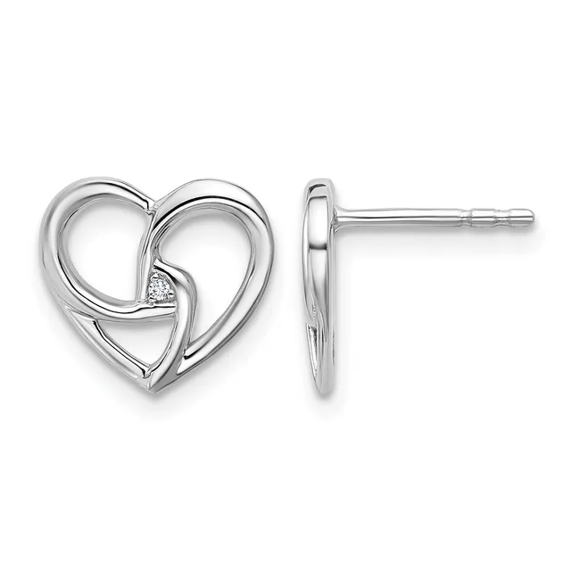 A pair of silver heart-shaped stud earrings with intertwined curved bands and a small diamond accent, shown from front and side views.