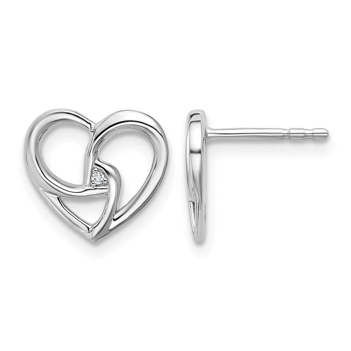 A pair of silver heart-shaped stud earrings with intertwined curved bands and a small diamond accent, shown from front and side views.