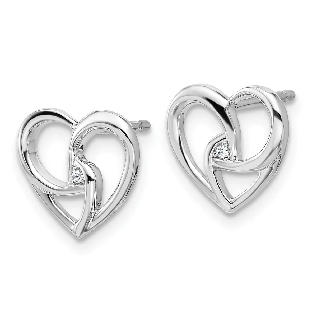 Pair of silver heart-shaped stud earrings with intertwined curved bands and small diamond accents, shown from the front against a white background.