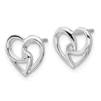 Pair of silver heart-shaped stud earrings with intertwined curved bands and small diamond accents, shown from the front against a white background.