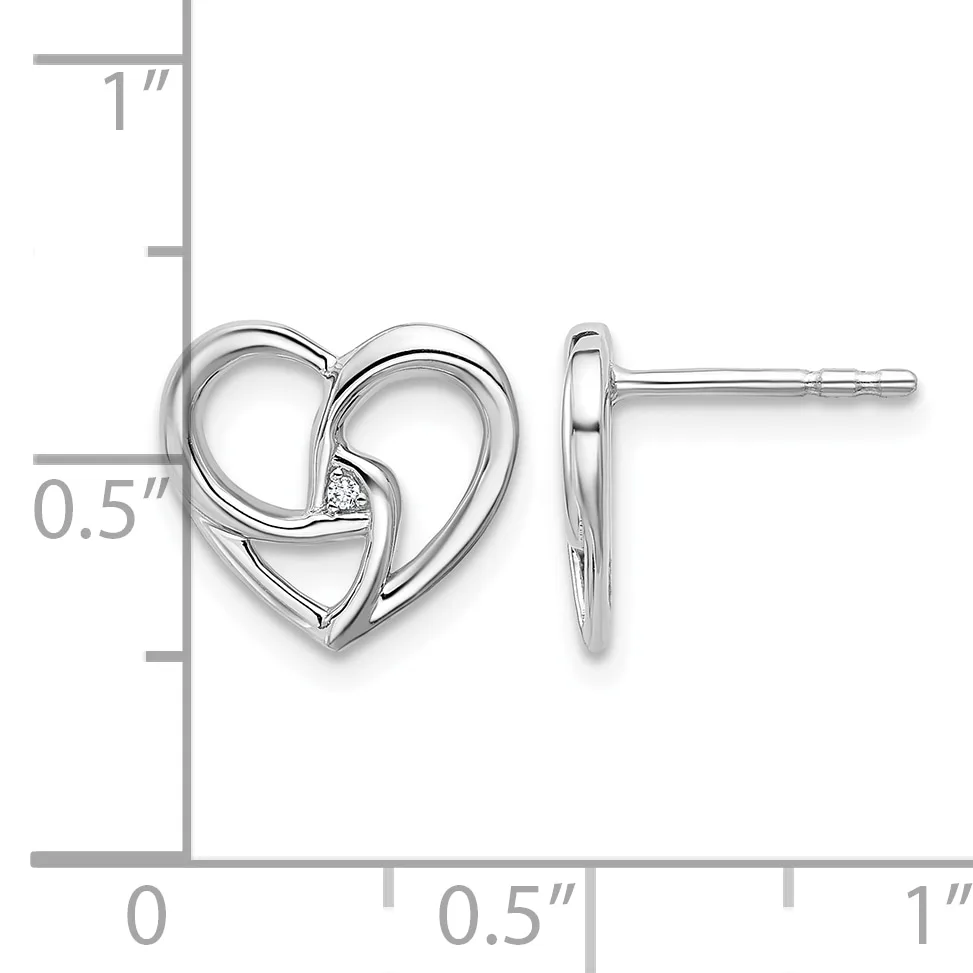 Silver heart-shaped stud earrings with a small diamond accent, shown front and side view against a measurement scale indicating approximately half-inch height.