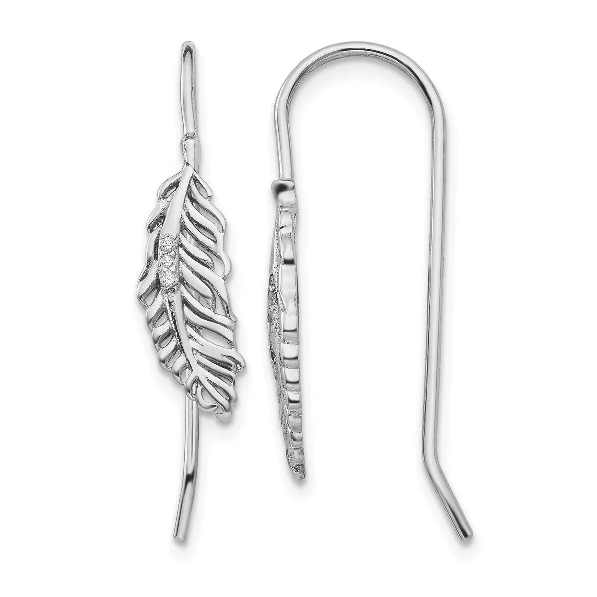 Pair of silver feather-shaped drop earrings with textured details, shown front and back views on long ear wires.