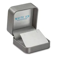 An open gray satin finish jewelry box with a white cushioned interior and removable pad.