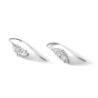A pair of silver leaf-shaped drop earrings with curved wire hooks, displayed at an angle against a white background.