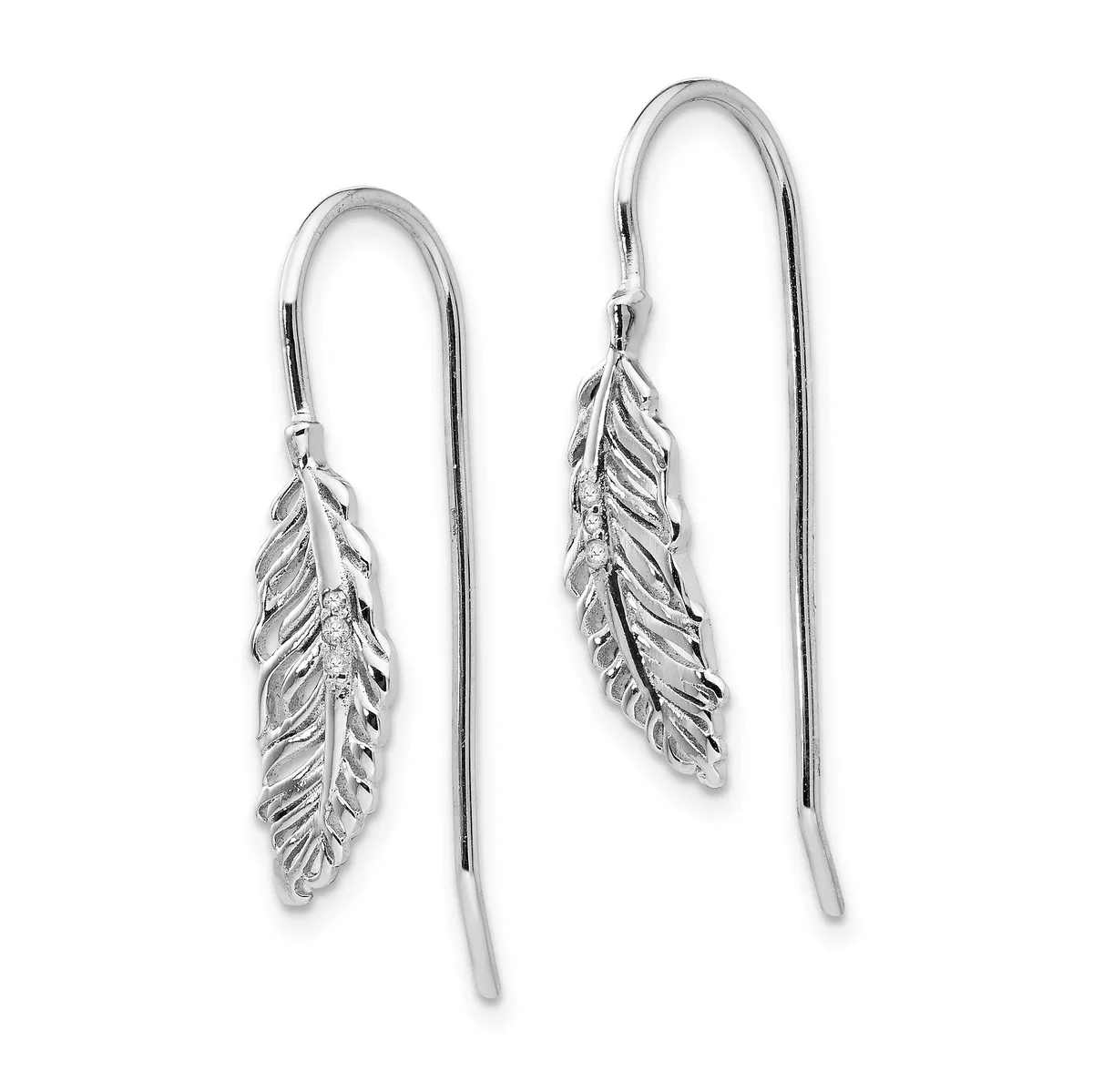 Pair of silver threader earrings with leaf-shaped pendants featuring detailed vein texturing, suspended from long curved wires.