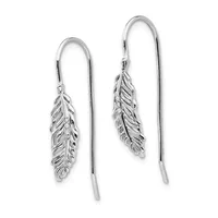 Pair of silver threader earrings with leaf-shaped pendants featuring detailed vein texturing, suspended from long curved wires.