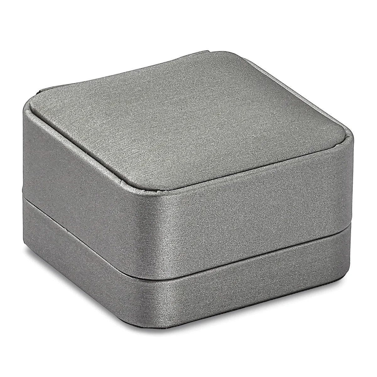 A square gray metallic box with rounded corners and a hinged lid, shown closed against a white background.