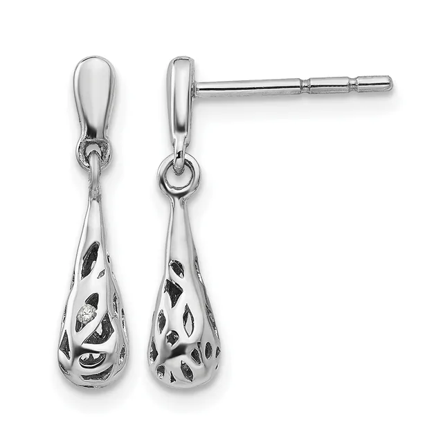 Pair of silver teardrop dangle earrings with textured leaf pattern, shown from front and side views on posts with backs.