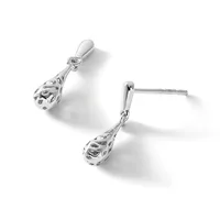 A pair of silver teardrop earrings with ornate filigree detailing and stud posts, displayed against a white background.