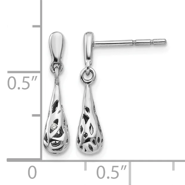 A pair of silver teardrop earrings with cutout leaf pattern detail, shown with measurement scale indicating approximately 0.5 inches in length.