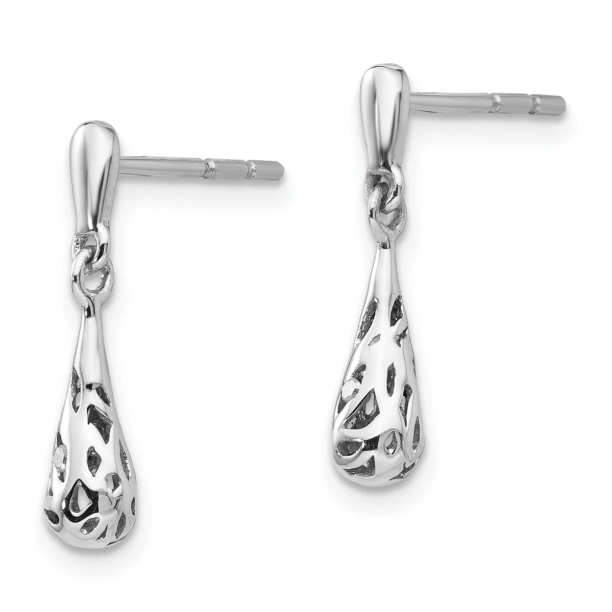 Pair of silver teardrop dangle earrings with ornate cutout patterns, shown from front and side angles on posts with backs.