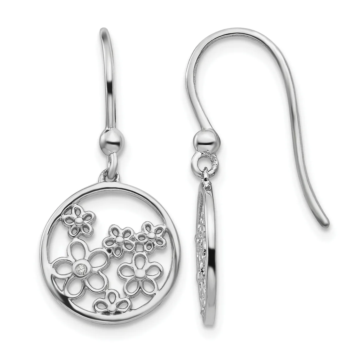 Pair of silver dangle earrings with circular pendants featuring openwork floral designs, shown front and back views.