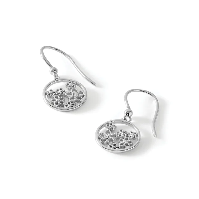 A pair of silver drop earrings with oval filigree pendants featuring decorative cutout patterns, suspended from curved ear wires.
