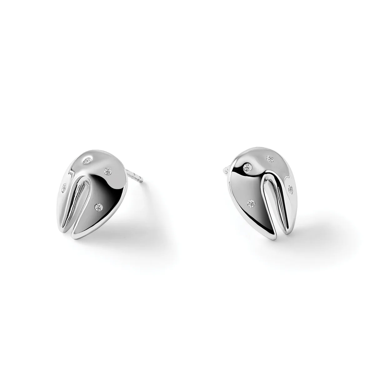 A pair of polished silver stud earrings with black enamel details and small diamond accents, shown from two angles against a white background.