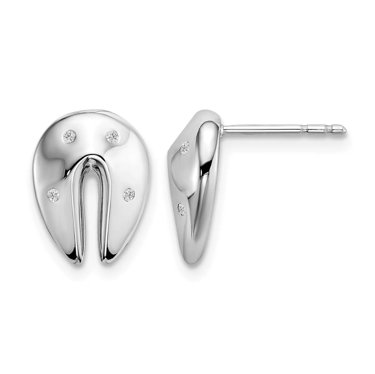 Pair of silver stud earrings with an oval shield shape featuring a central curved slit design and small diamond accents, shown from front and side views.