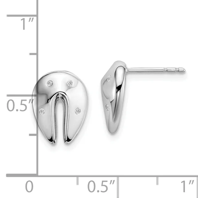 Pair of silver teardrop stud earrings with diamond accents and split oval design, shown front and side view against a measurement scale.