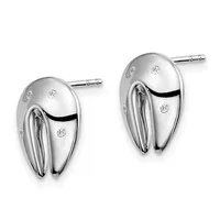 Pair of polished silver stud earrings with oval shapes decorated with small round diamonds and curved linear details, shown from the front.