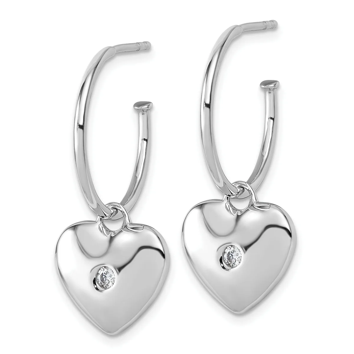 Pair of silver hoop earrings with heart-shaped charms featuring small diamond accents, shown hanging against a white background.