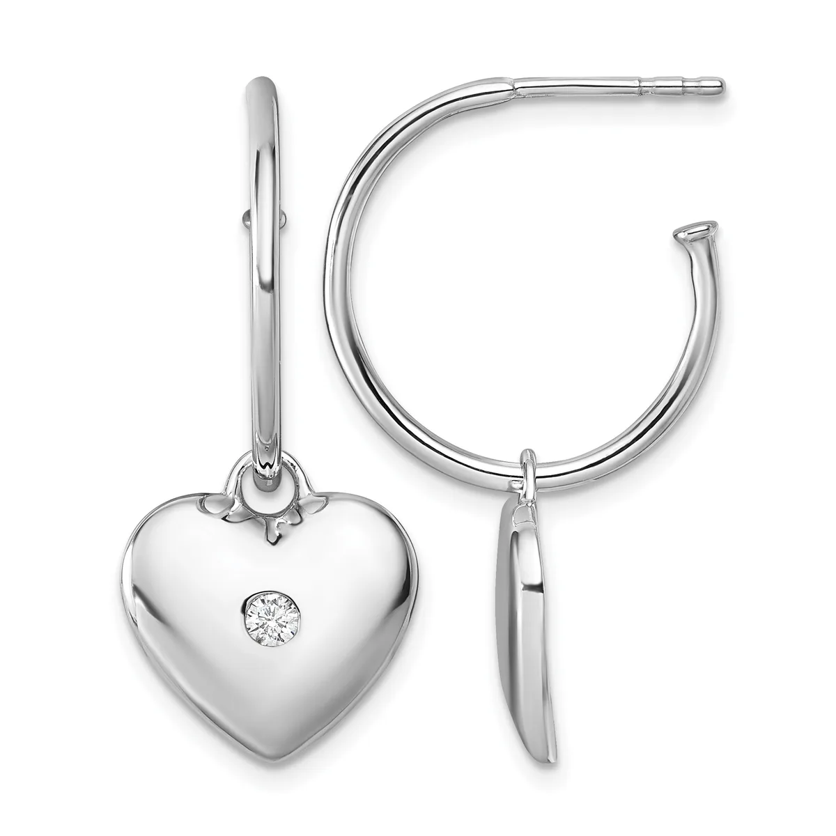 Pair of silver hoop earrings with a heart-shaped charm pendant featuring a small diamond, shown from front and side views.