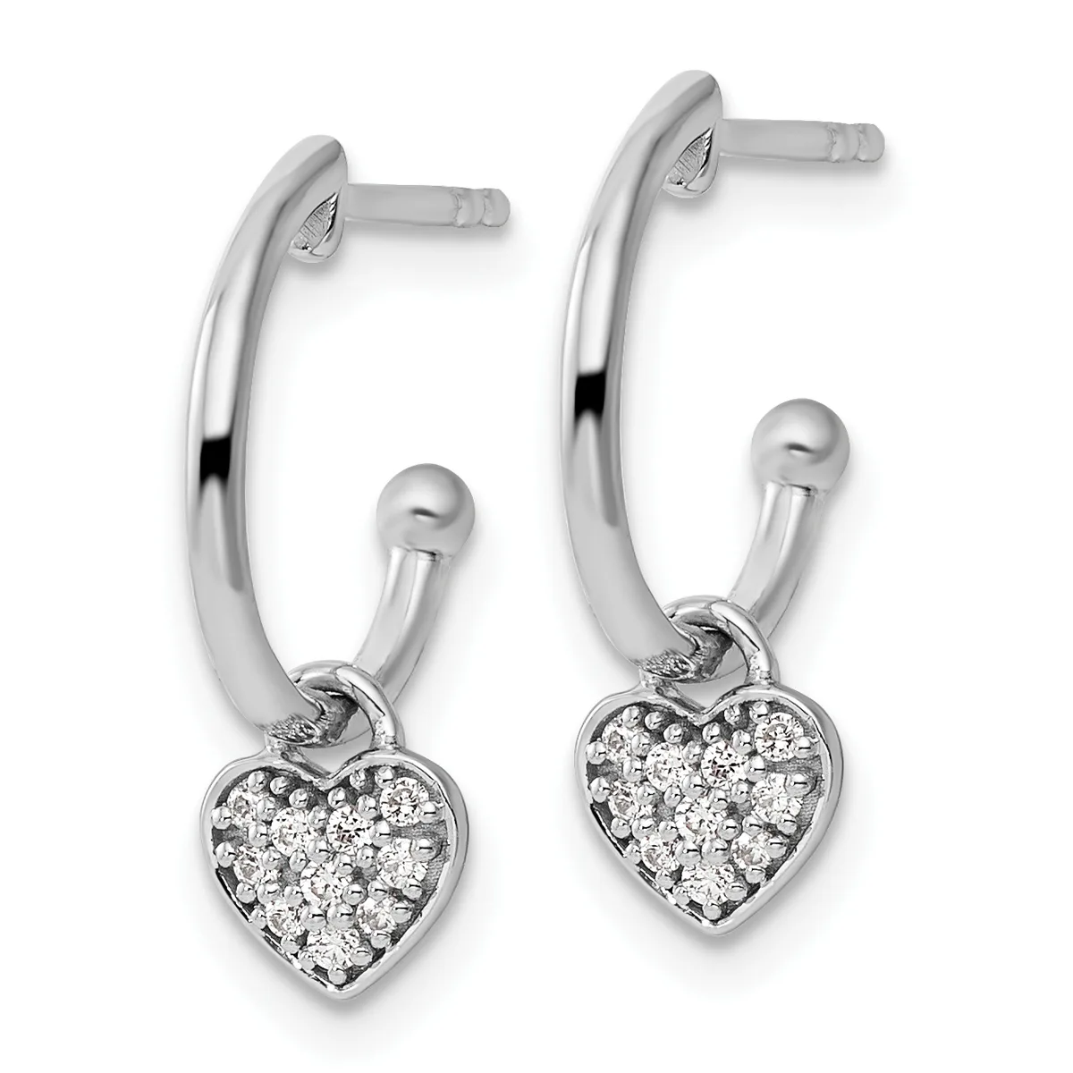 Pair of silver hoop earrings with heart-shaped charms decorated with small round diamonds, displayed against a white background.