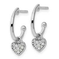 Pair of silver hoop earrings with heart-shaped charms decorated with small round diamonds, displayed against a white background.