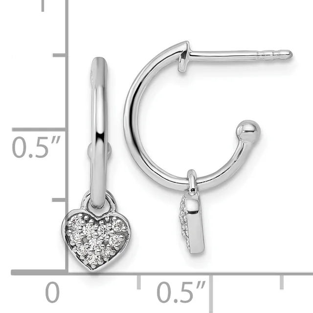 Silver hoop earrings with heart-shaped charms encrusted with cubic zirconia, displayed against a measurement scale showing approximately half-inch diameter.