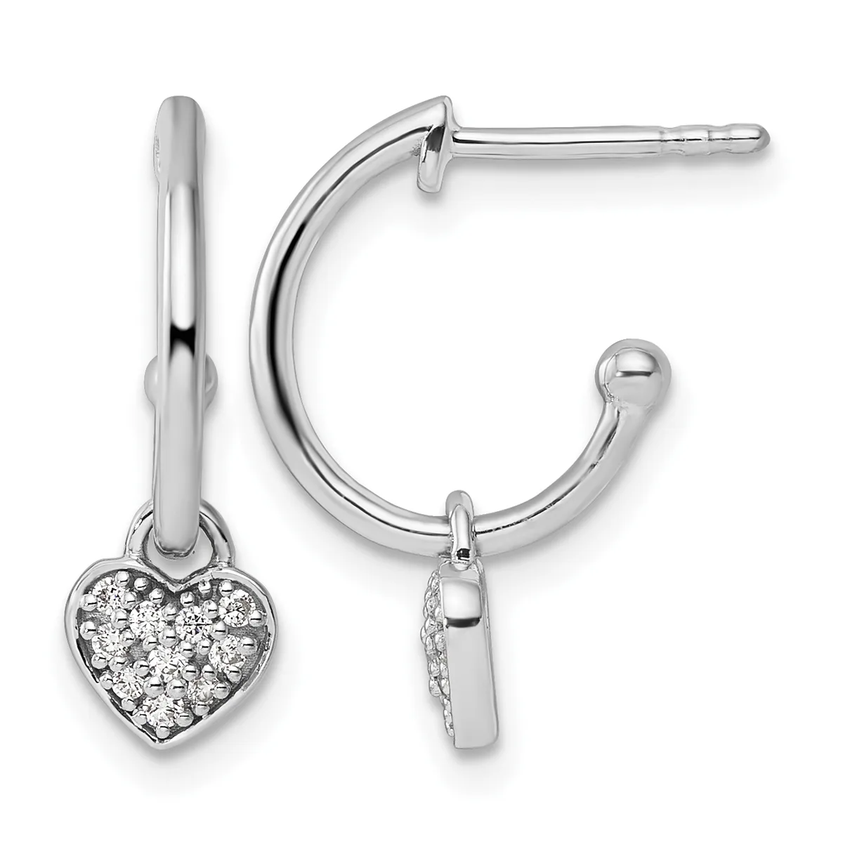 Pair of silver hoop earrings with diamond-set heart charms hanging from the hoops, shown from front and side views.