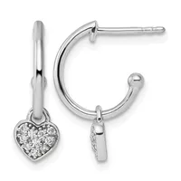 Pair of silver hoop earrings with diamond-set heart charms hanging from the hoops, shown from front and side views.