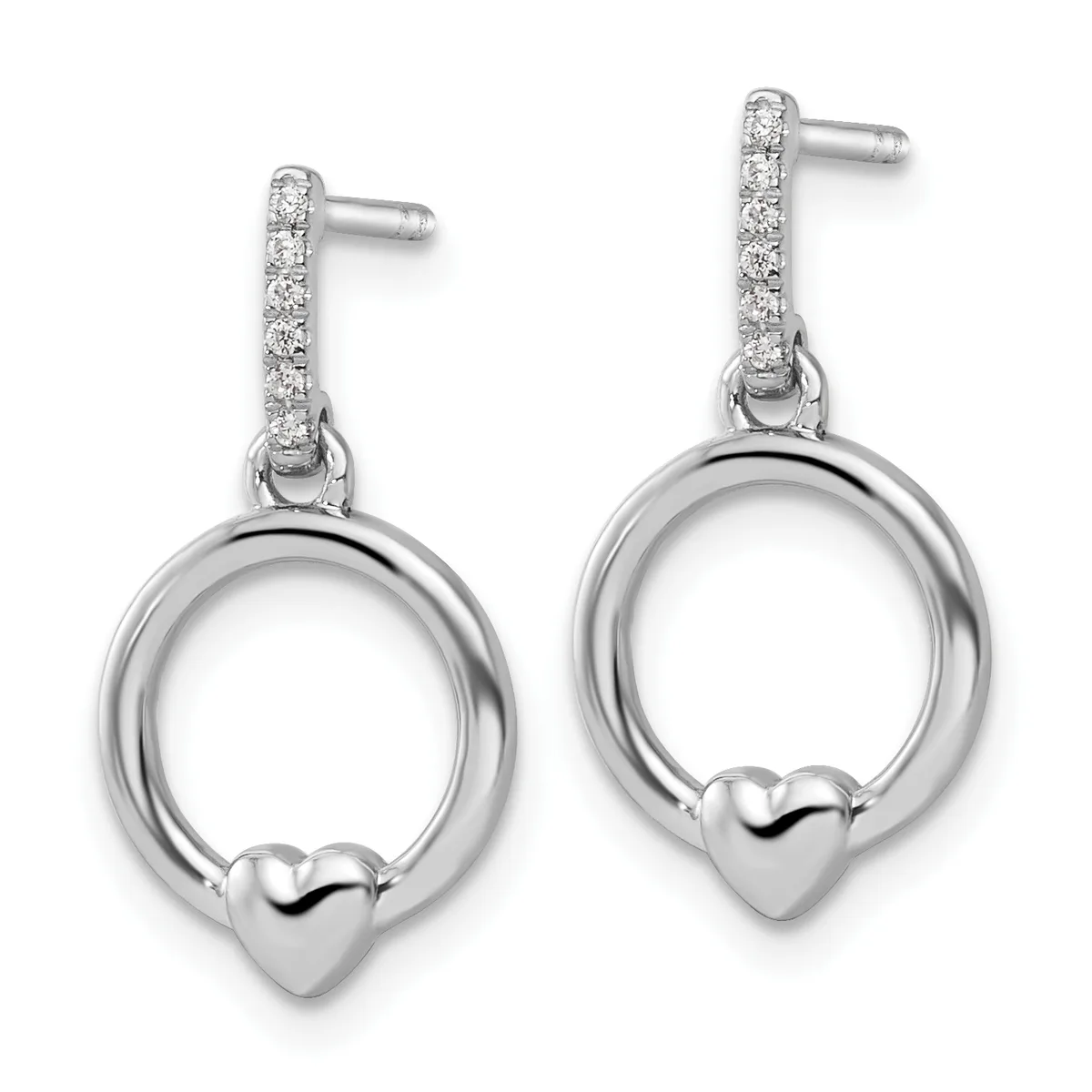 A pair of sterling silver drop earrings featuring diamond-studded posts above polished circular hoops, each with a small heart charm attached at the bottom.