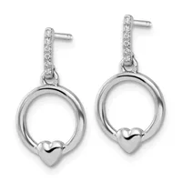 A pair of sterling silver drop earrings featuring diamond-studded posts above polished circular hoops, each with a small heart charm attached at the bottom.