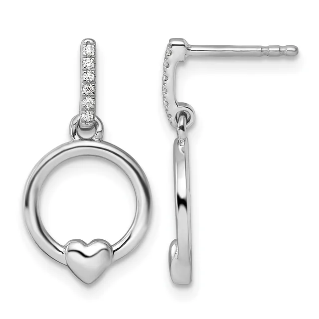Pair of silver dangle earrings with diamond-set posts, circular open frames, and small heart charms, shown from front and side views.