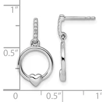 A pair of silver dangle earrings with cubic zirconia-studded posts, each featuring a circular ring with a small heart charm, shown with a measurement scale.