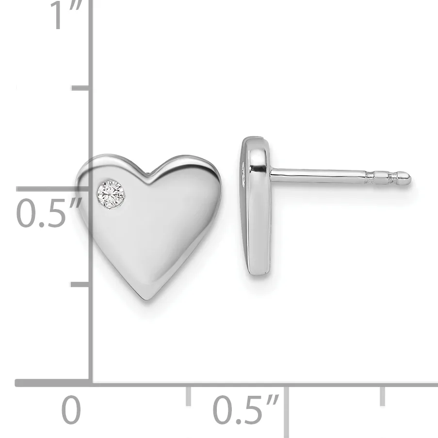 Silver heart stud earrings with a small diamond accent, shown front and side view with measurement scale indicating approximately 0.5 inches in height.