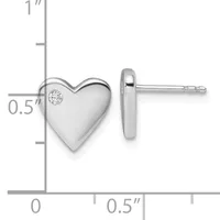Silver heart stud earrings with a small diamond accent, shown front and side view with measurement scale indicating approximately 0.5 inches in height.