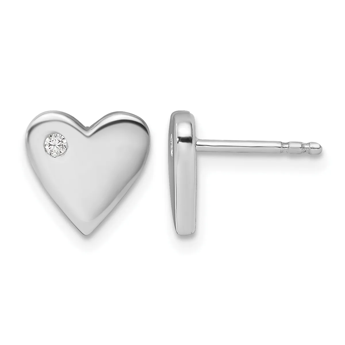 A pair of silver heart-shaped stud earrings with a small diamond accent, shown from front and side views.