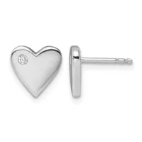 A pair of silver heart-shaped stud earrings with a small diamond accent, shown from front and side views.