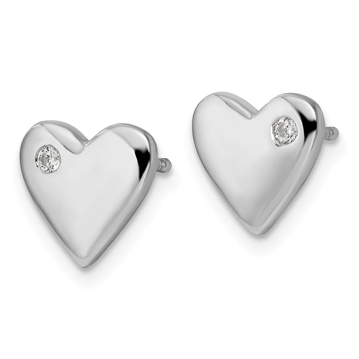 A pair of polished silver heart-shaped stud earrings, each decorated with a small round diamond, displayed against a white background.