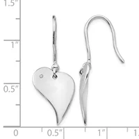 A pair of silver heart-shaped dangle earrings with fish hook closures, displayed against a measurement scale showing approximately one inch in length.