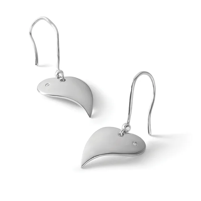Pair of silver curved crescent-shaped drop earrings with fish hook wires and small stamped hallmarks.