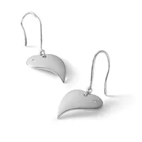 Pair of silver curved crescent-shaped drop earrings with fish hook wires and small stamped hallmarks.