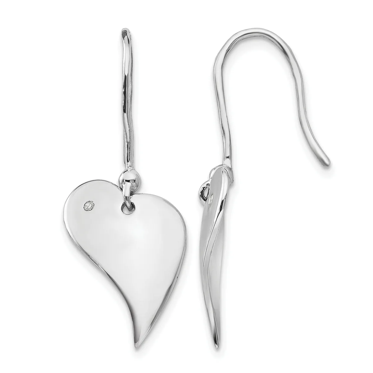 Pair of silver heart-shaped earrings with fish hook wire closures, shown from front and back views, featuring a small diamond or gemstone on one heart.
