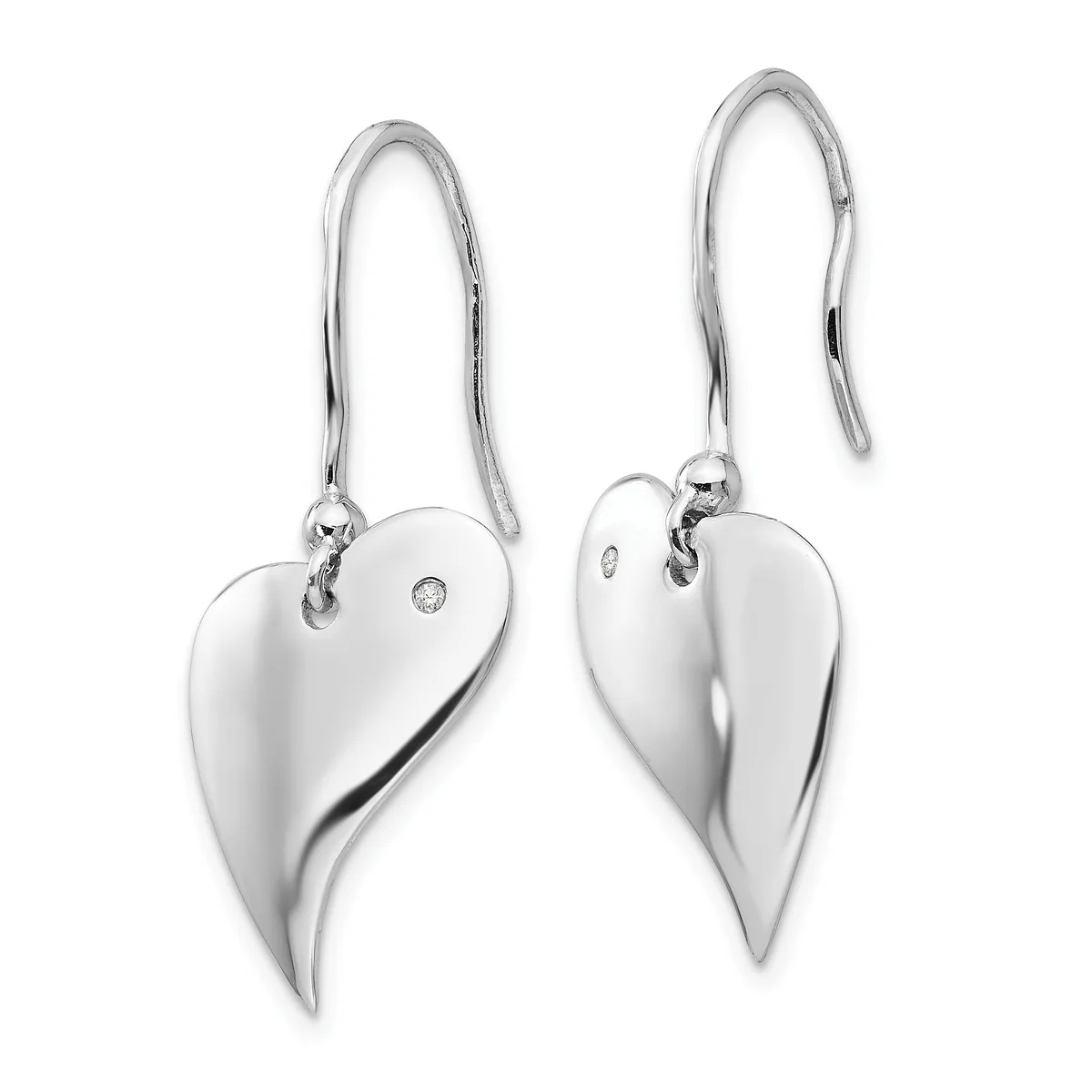 A pair of silver heart-shaped drop earrings with long curved hooks, each heart featuring a small diamond and a polished finish.