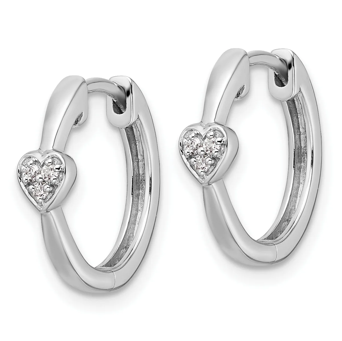 A pair of silver hoop earrings with heart-shaped diamond accents, shown from the front at slightly different angles.
